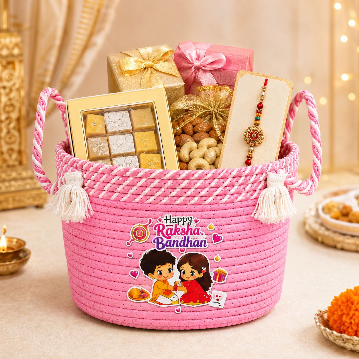Cotton Flipkart SmartBuy Handmade Cotton Rope Happy Rakhi Gift Basket with Handles Storage Basket-image-19