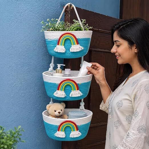 shri shyam Jute 3 Tier Cotton Rope Hanging Storage Basket Organizer | Aqua Rainbow Design Storage Basket-picture-40