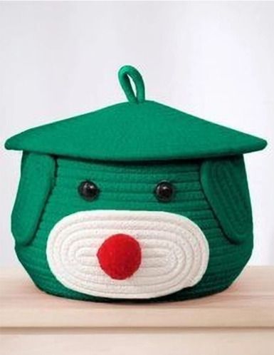 Cotton COTTON MATKA DOG FACE BASKET WITH LID GREEN Storage Basket-image-10