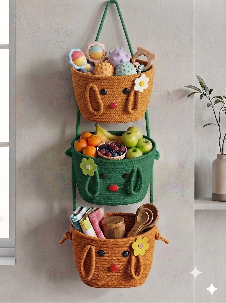 venox Jute, Cotton 3-TIER HANGING STORAGE BASKET WITH TEDDY EYE Storage Basket-picture-12