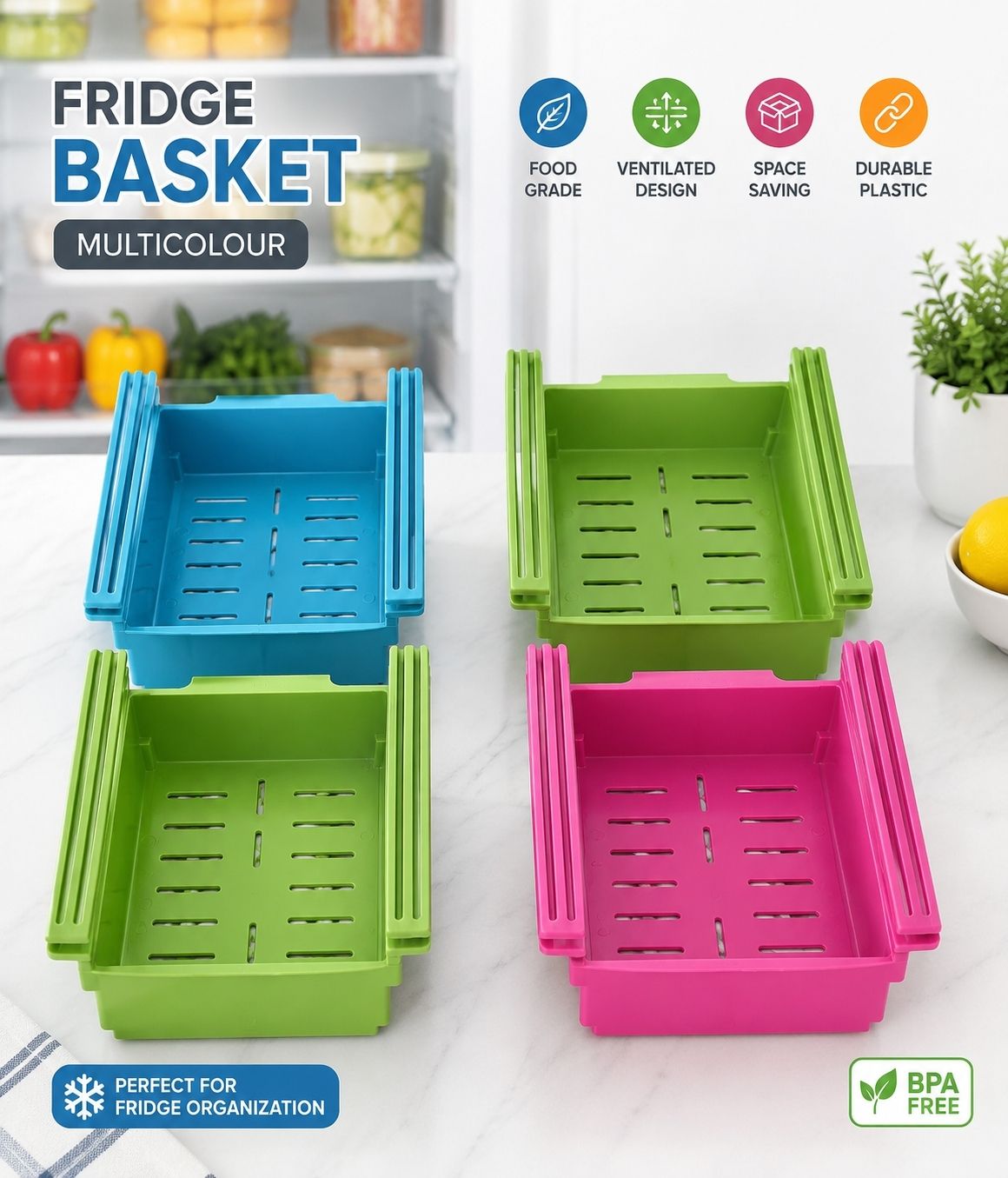 zest4u Plastic New Multicolour Fridge Basket organiser set pack of 4 Storage Basket-picture-15