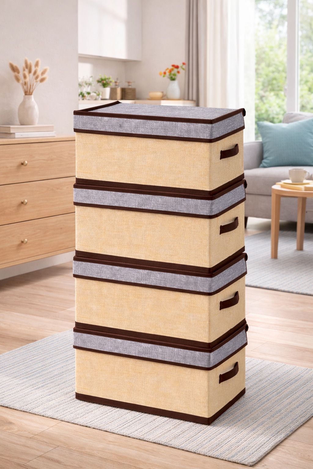 Set of 4 Foldable Linen Fabric Storage Box with Lid & Handle Wardrobe Organizer Storage Box-image-37