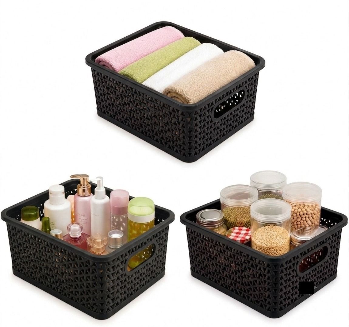 Storage Black Basket with Lid Set of 3 Multipurpose Organizer Boxes Storage Box-image-1