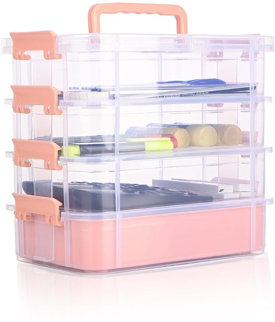 vittamix 4 Layer Transparent Craft Organizer Box With Pink Six Grid Partition-1 & Handle. PP Collapsible Wardrobe-picture-10