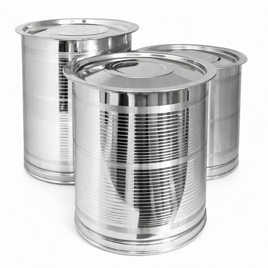 Stainless Steel Storage Drum Set of 3 – 10kg, 15kg, 20kg “ Storage Kothi/Drum Set of 3 with Lid – 10kg, 15kg, 20kg for Grains/Water” 45 L Drum