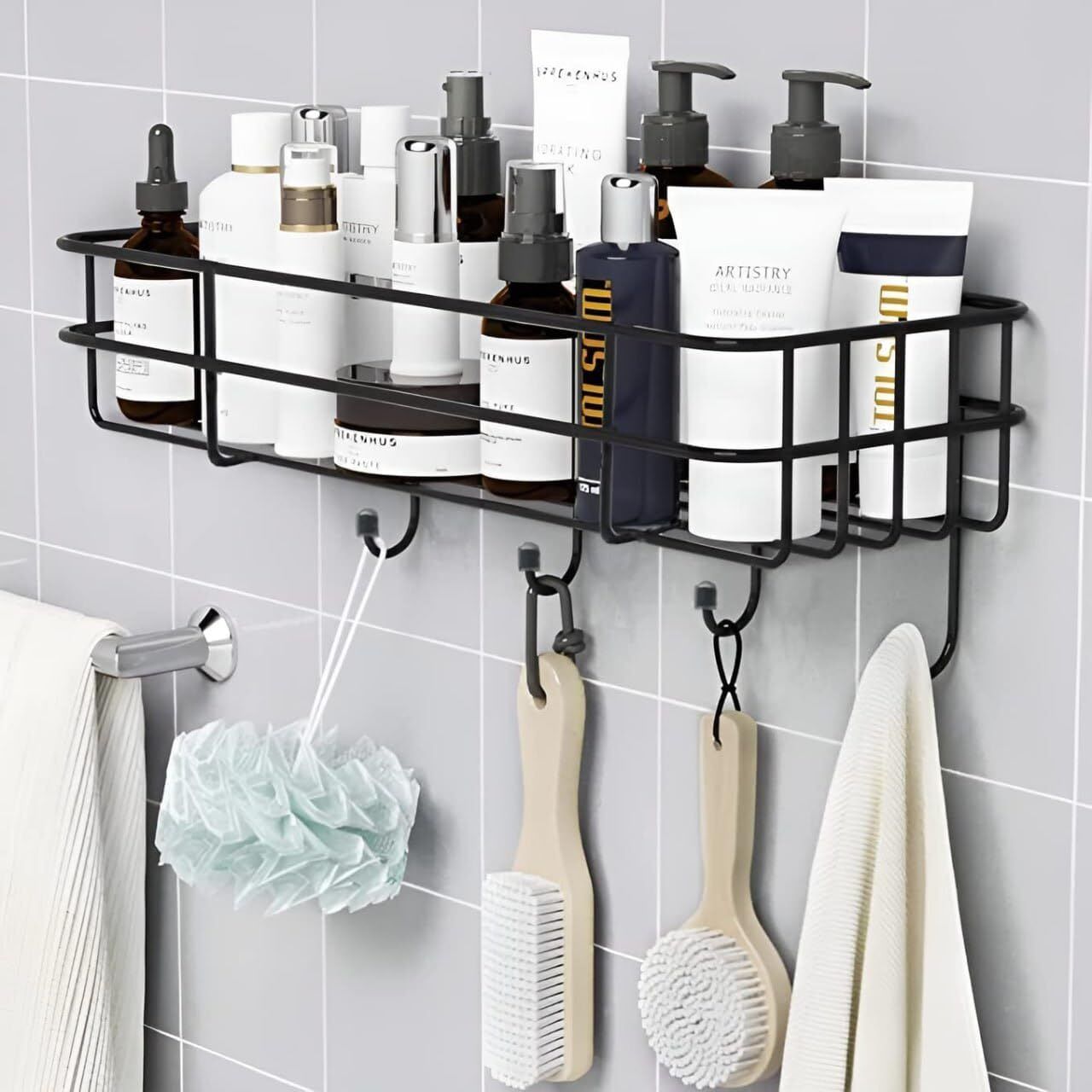 Bathroom Organizer Shelf | Self-Adhesive Matte Black Wall Rack with Towel Hooks Bathroom Mirror