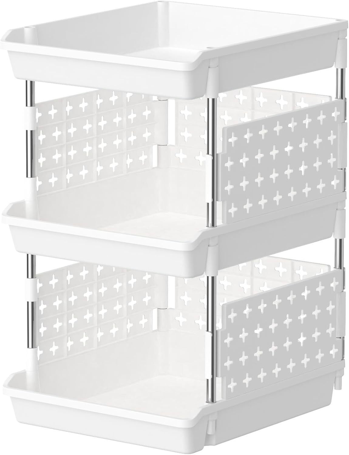 Utensil Kitchen Rack White Stackable 3 Shelf Storage Organizer Basket PP Plastic Kitchen Rack Plastic, Steel-image-43