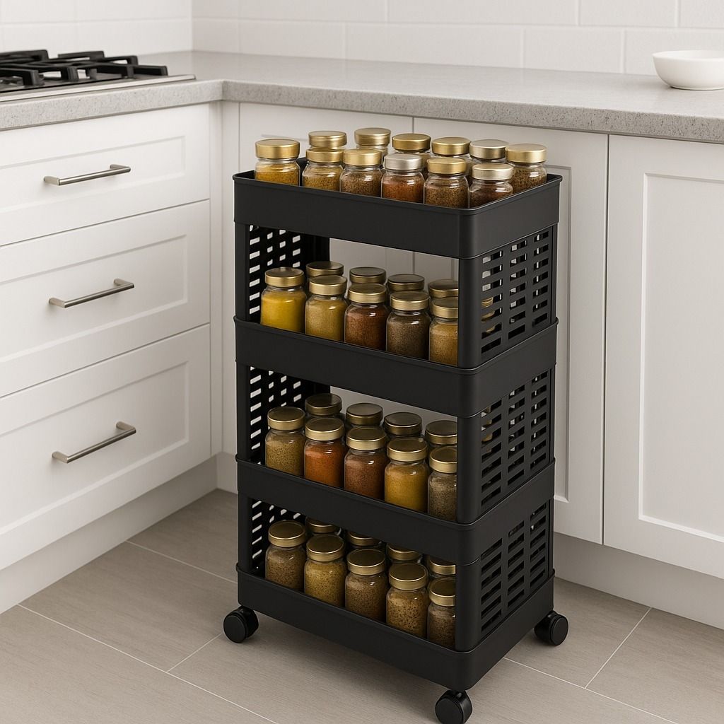 Plastic 4 compartments plastic foldable trolley for spice racks With wheels Storage Basket-image-28