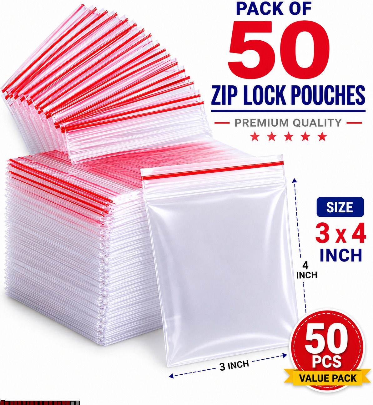 bzilo Pack of 50 Zip Lock Pouches 3x4 Inch | Premium Clear Reusable Zip Lock D57 Plastic Storage Pouch-picture-12