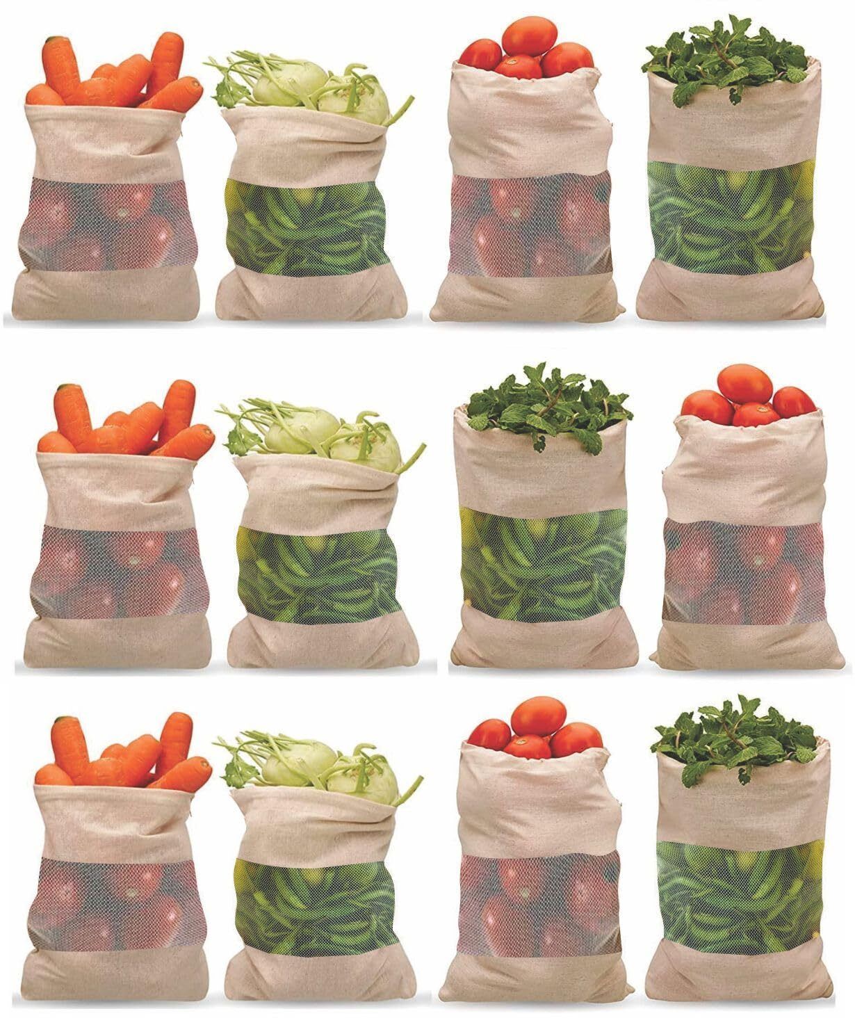 12 Piece Cotton Vegetable Bags Fridge Storage Bag Sabji Fruits Pouch Pack of 12 Grocery Bags