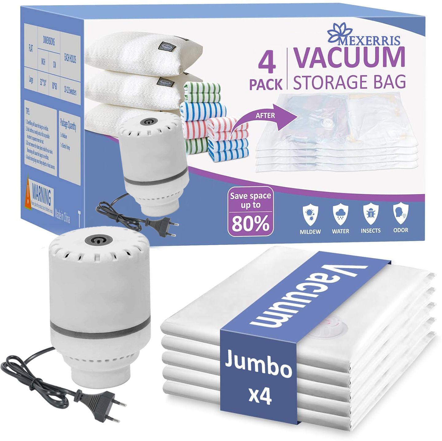 mexerris 4 JUMBO Vacuum Seal Bags with electric pump Travel Storage Vacuum Bags-picture-11