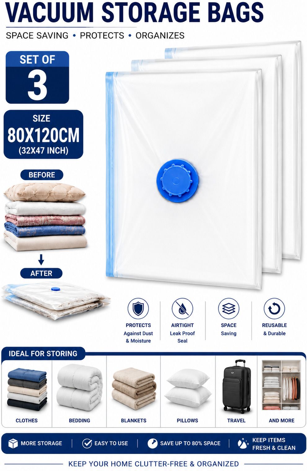 trago Size (80X120CM) Plastic Reusable Travel Storage Vacuum Bags-picture-27