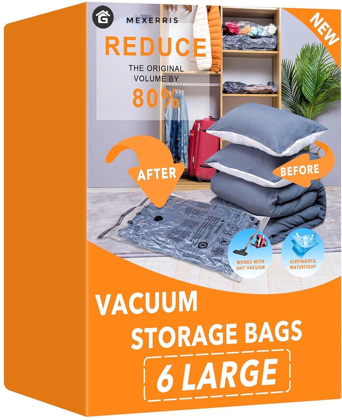 6 Large Vacuum Bags ,Space Saver Bags for Blankets, Comforters, Pillows, Clothes Travel Storage Vacuum Bags