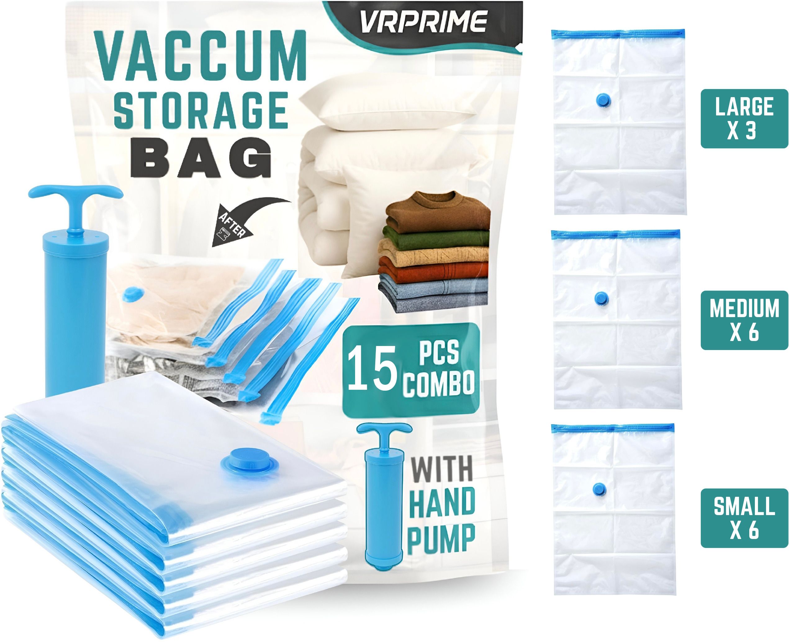 vrprime Vacuum Storage Bags Set of 5 with Pump, Space Saving Travel Bags High Volume Storage Vacuum Bags, Travel Storage Vacuum Bags-picture-0