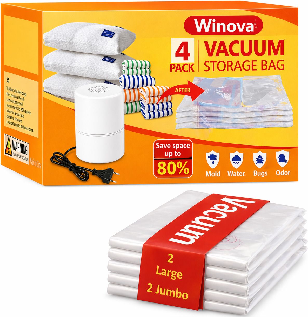 Vacuum Storage Bags with Electric Pump – 4 Pack (2 Large & 2 Jumbo) Travel Storage Vacuum Bags
