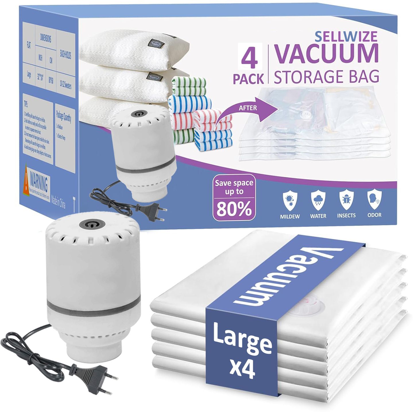 Vacuum Storage Bags with Electric Pump, 4 Pack Large, Space Saver Bags Travel Storage Vacuum Bags, High Volume Storage Vacuum Bags
