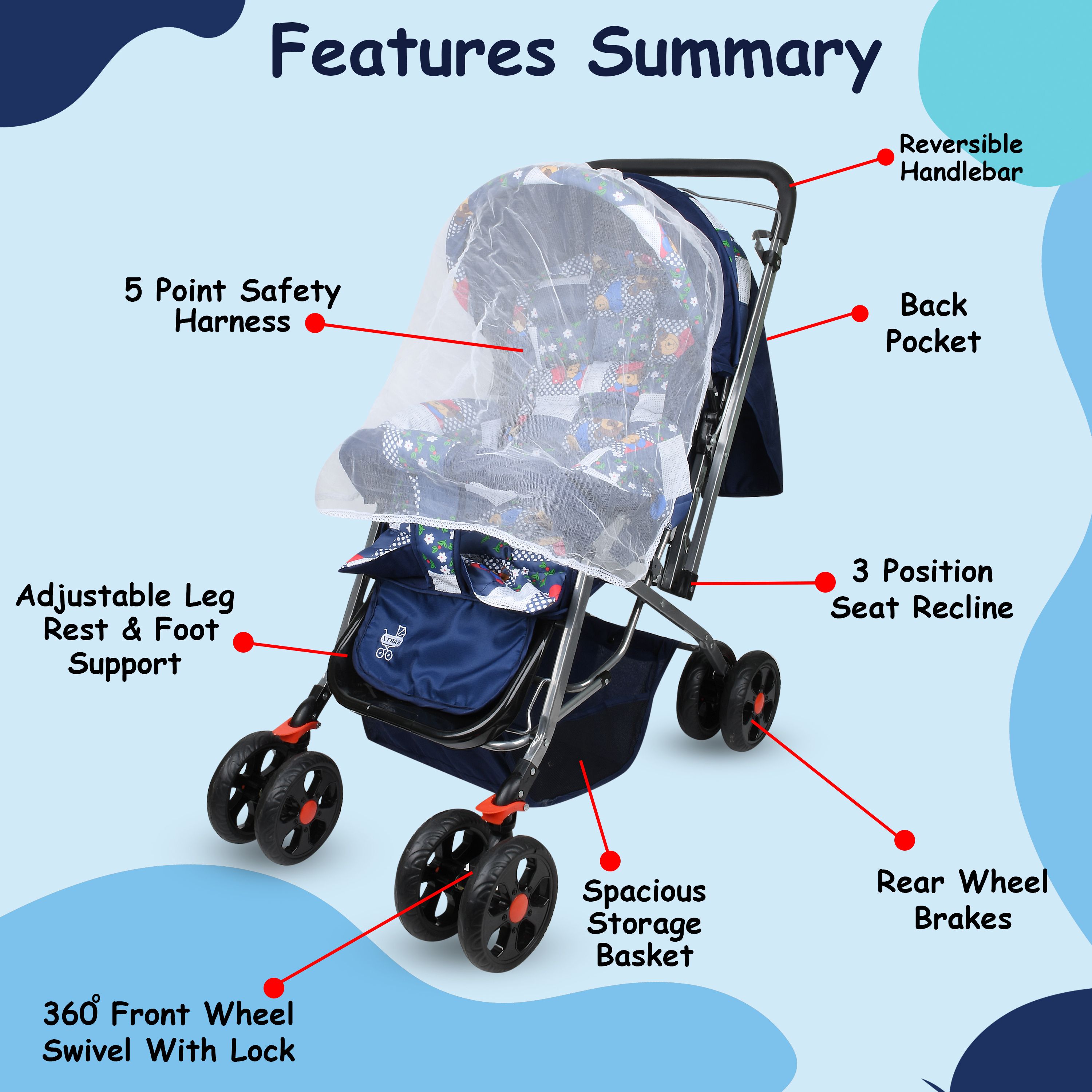 Sunshine Stroller/Pram, Easy Fold, for Newborn Baby Pram-image-10