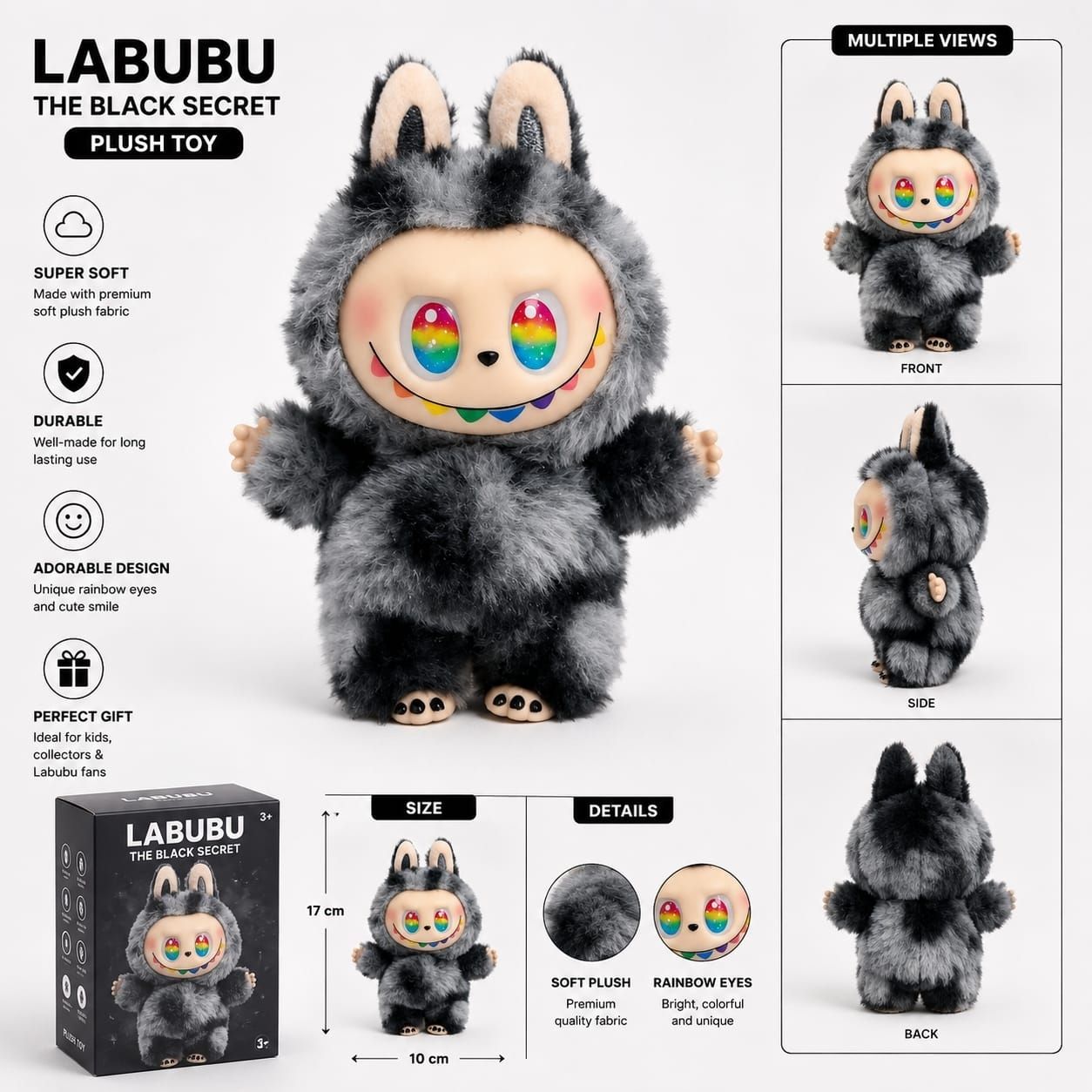 Soft secret Black Labubu Plush Doll for boys & Girls - 34 mm-image-2