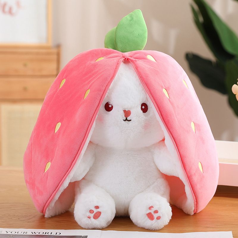 Reversable Cute Plush Big Ears Bunny Premium Pink Strawberry Bunny Pillow 42cm - 35 cm