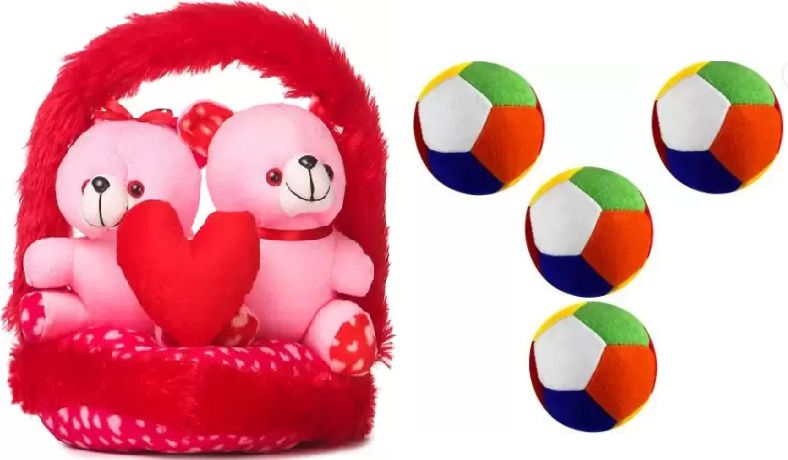 Best Quality Super Soft Couple-Basket Teddies & Small Balls Combo for Kids- 30 cm-image-38