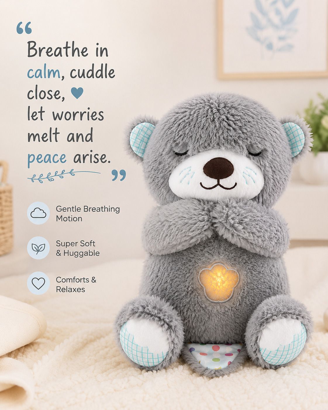 Breathing Teddy Bear Plush Toy with Heartbeat Light & Music - 30 cm-image-1