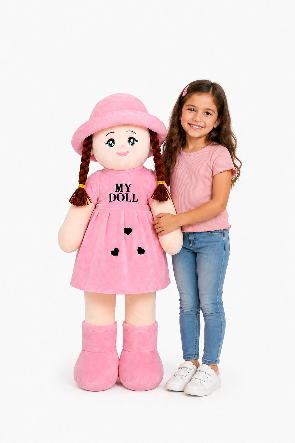 Jumbo 2 Feet Pink Soft Doll for Girls with Hat & Braided Hair Plush Toy - 65 cm-image-44
