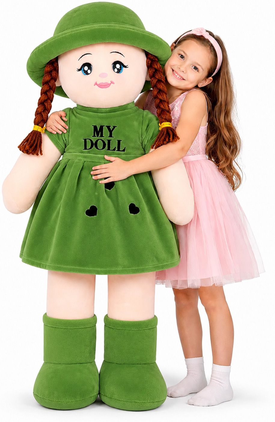 sadhana trends Jumbo 3.5 Feet Green Soft Doll for Girls with Hat & Braided Hair Plush Toy - 106 cm-picture-28