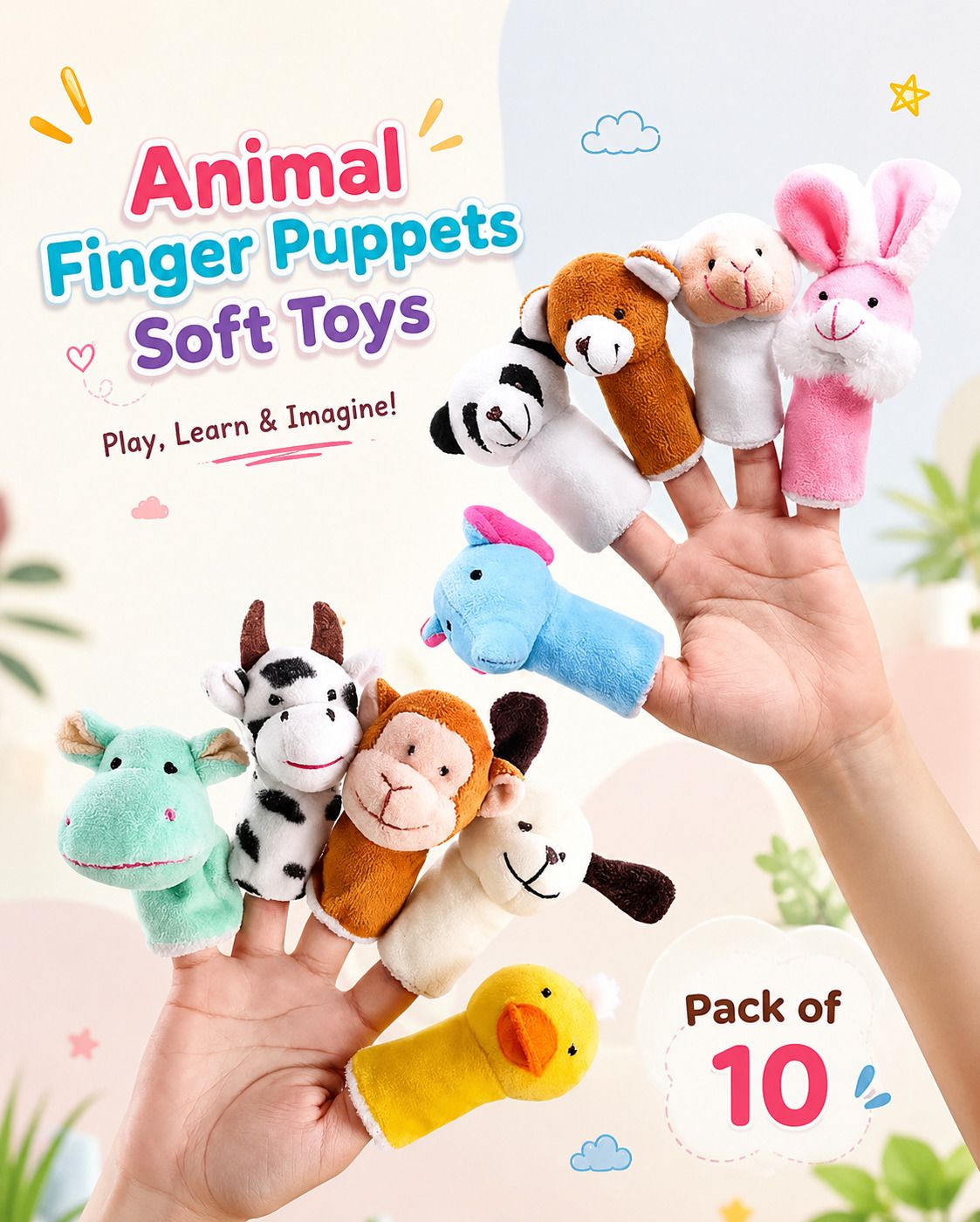 saro Animal Finger Puppets Soft Toys - Pack of 10 - 20 cm-picture-11