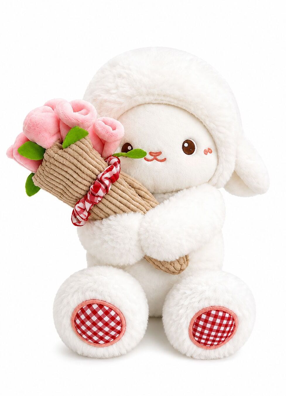 Bunny Plush Soft Toy Holding Pink Rose Bouquet Cute Stuffed Gift for Kids - 30 cm-image-4