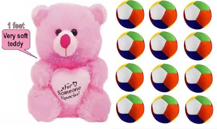 Best Quality Soft Pink Teddy and Soft Balls(12) for Someone special. - 25 cm