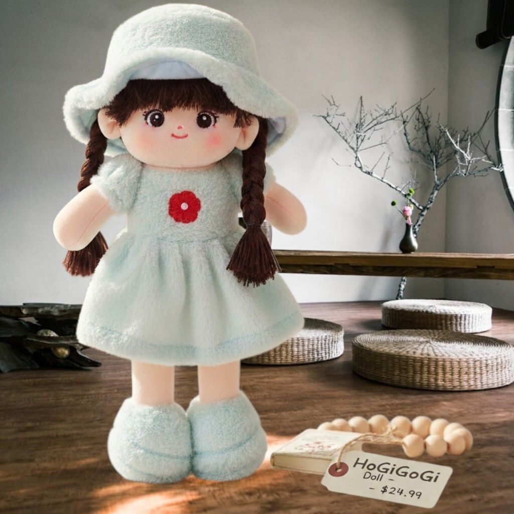 Handmade Plush Girl Doll - Soft Fabric Toy with Braided Hair & Sun Hat - 45 cm-image-23