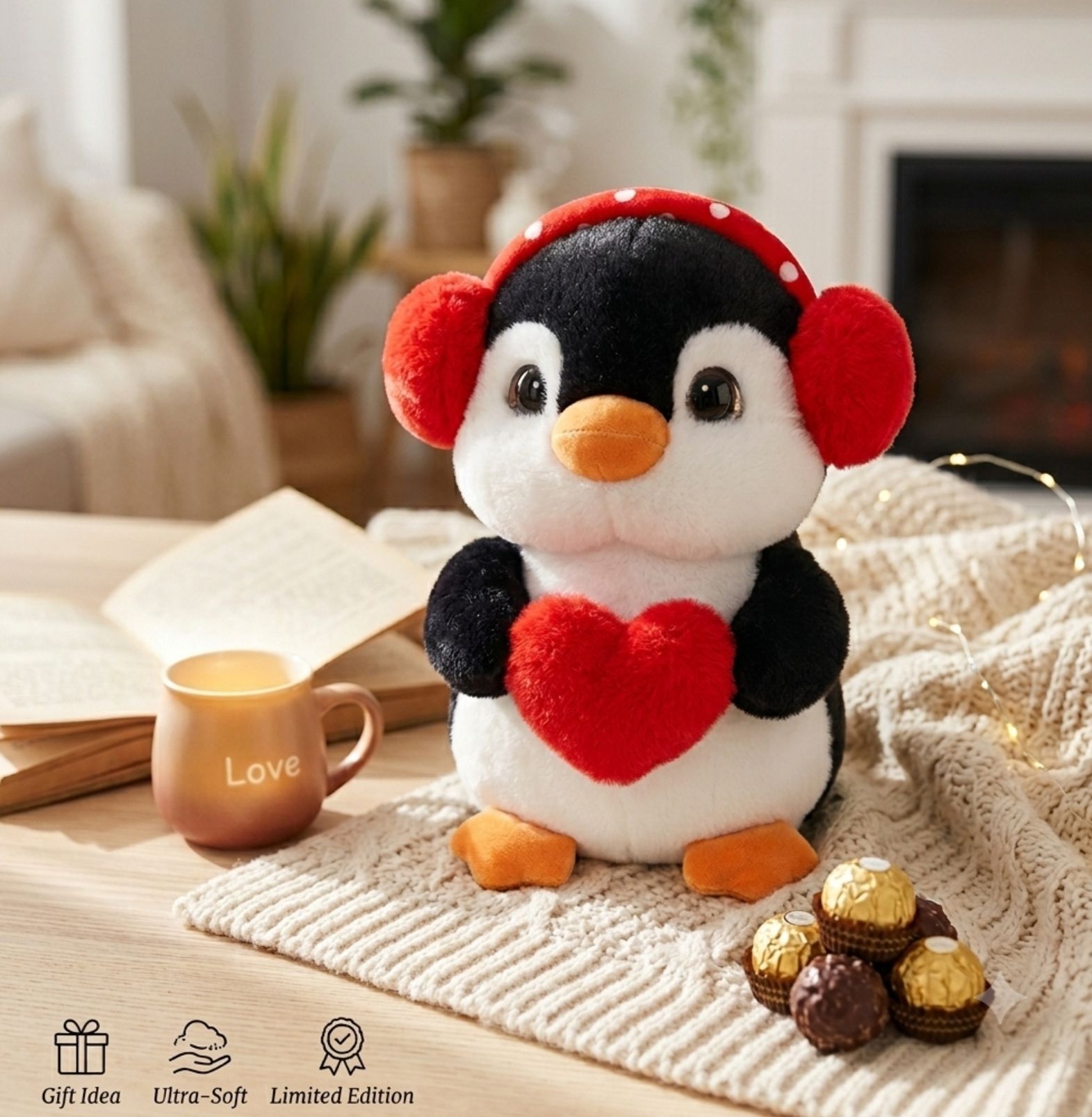 coming wave Romantic Cute Penguin soft Plush Toy with Red Earmuffs and Heart Soft Pillow - 30 cm-picture-8