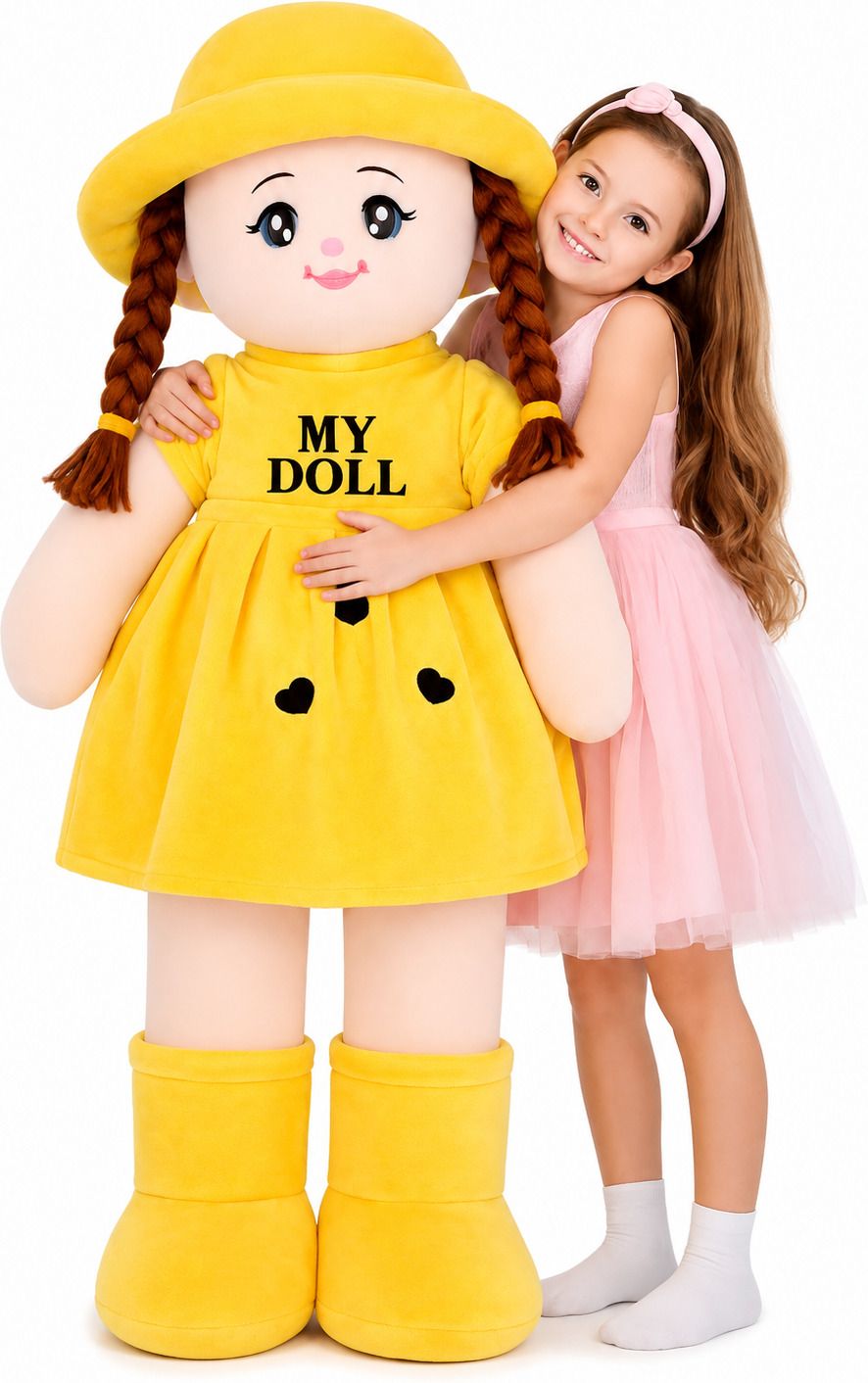 sadhana trends Jumbo 3.5 Feet Yellow Soft Doll for Girls with Hat & Braided Hair Plush Toy - 106 cm-picture-28