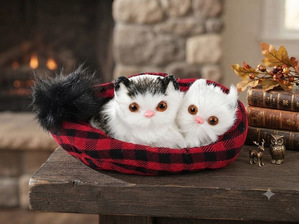 pravyon 2 Pcs Realistic Plush Kitten Toys with Checkered Bed | Soft Stuffed Cat Doll - 8 cm-picture-42