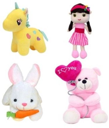COMBO OF PINK-TEDDY & DOLL, WHITE-RABIT,YELLOW-UNICORN- 25 cm