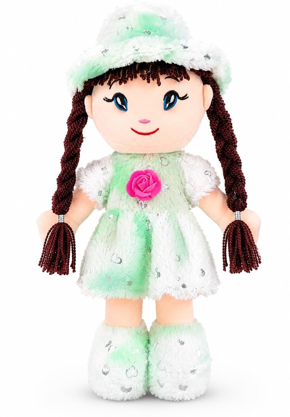 Soft Plush Greenr Rag Doll with Braided Hair, Embroidered Face, Matching Hat - 42 cm-image-48