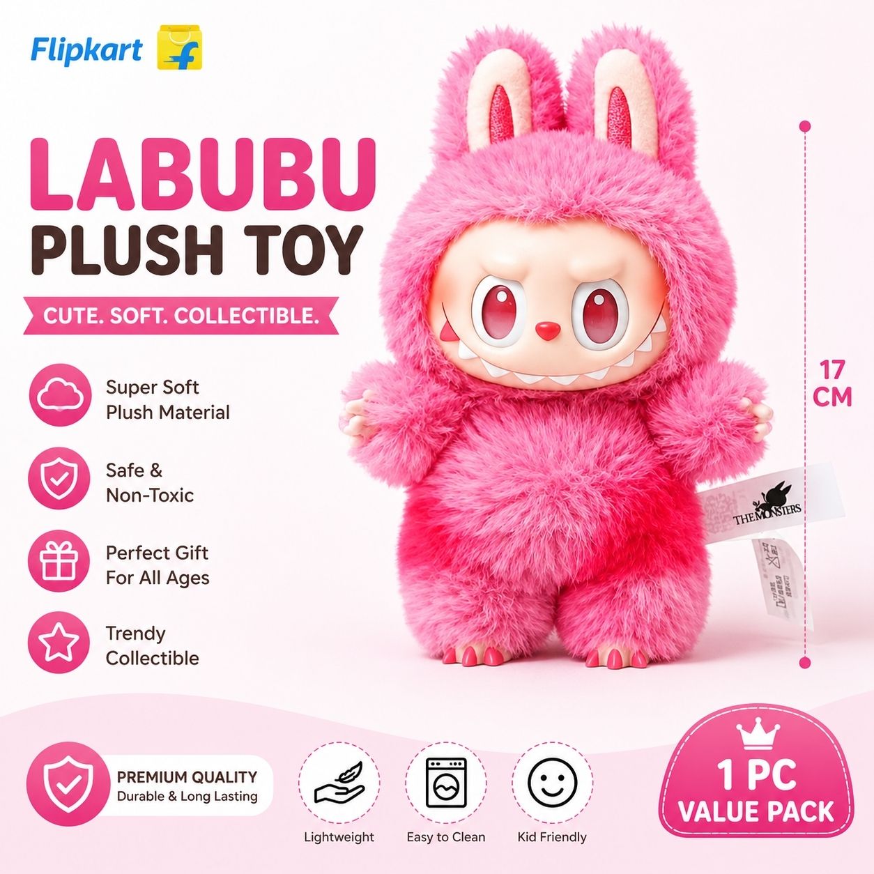 bugga enterprises Cute Pink Labubu Doll Soft Plush Toy 17cm - 17 cm-picture-23