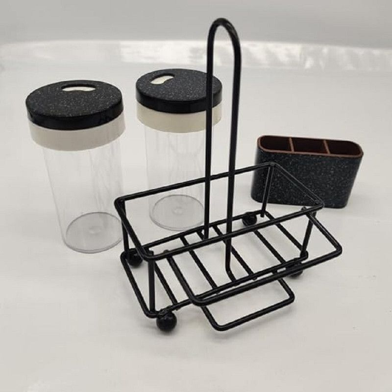 Salt and Pepper Shakers Set with toothpic Rack for Dining Table-(Black). Sugar Sprinkler Shaker 100 gm