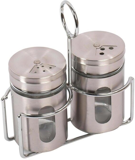 Stainless Steel Salt & Pepper Shaker with Holder Spice Container for Dining Sugar Sprinkler Shaker 100 gm