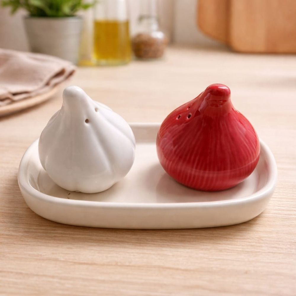 Ceramic Onion & Garlic Shaped Salt & Pepper Shaker Set with Tray,Spice Dispenser Sugar Sprinkler Shaker 100 gm-image-5