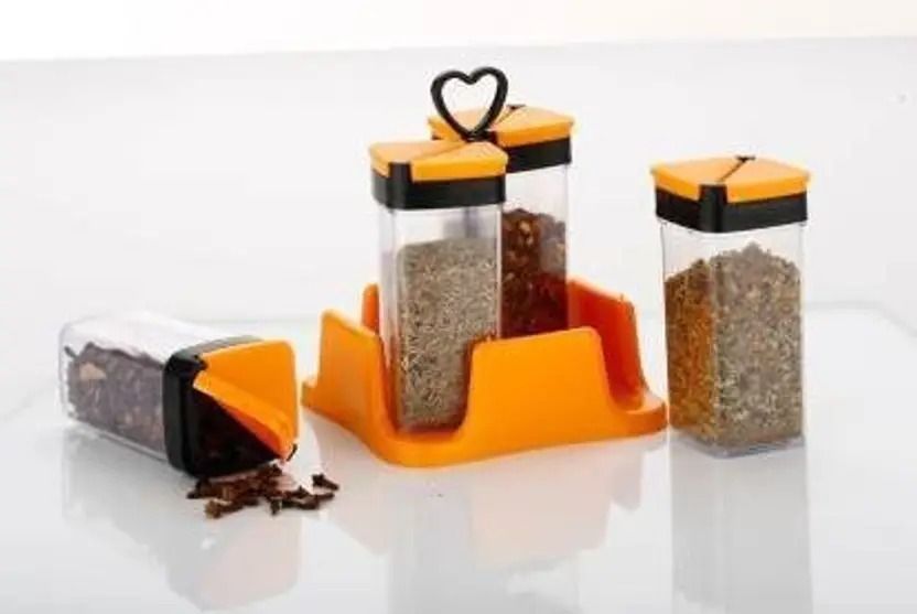 4-in-1 Revolving Masala Box | 4 Transparent 100 ml Spice Jars with Sprinkle Lids Sugar Sprinkler 100 gm