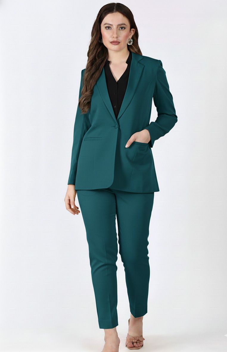 edenryd Women Formal Pantsuit single Button Blazer with Straight Pant Bottle green Solid Suit-picture-17