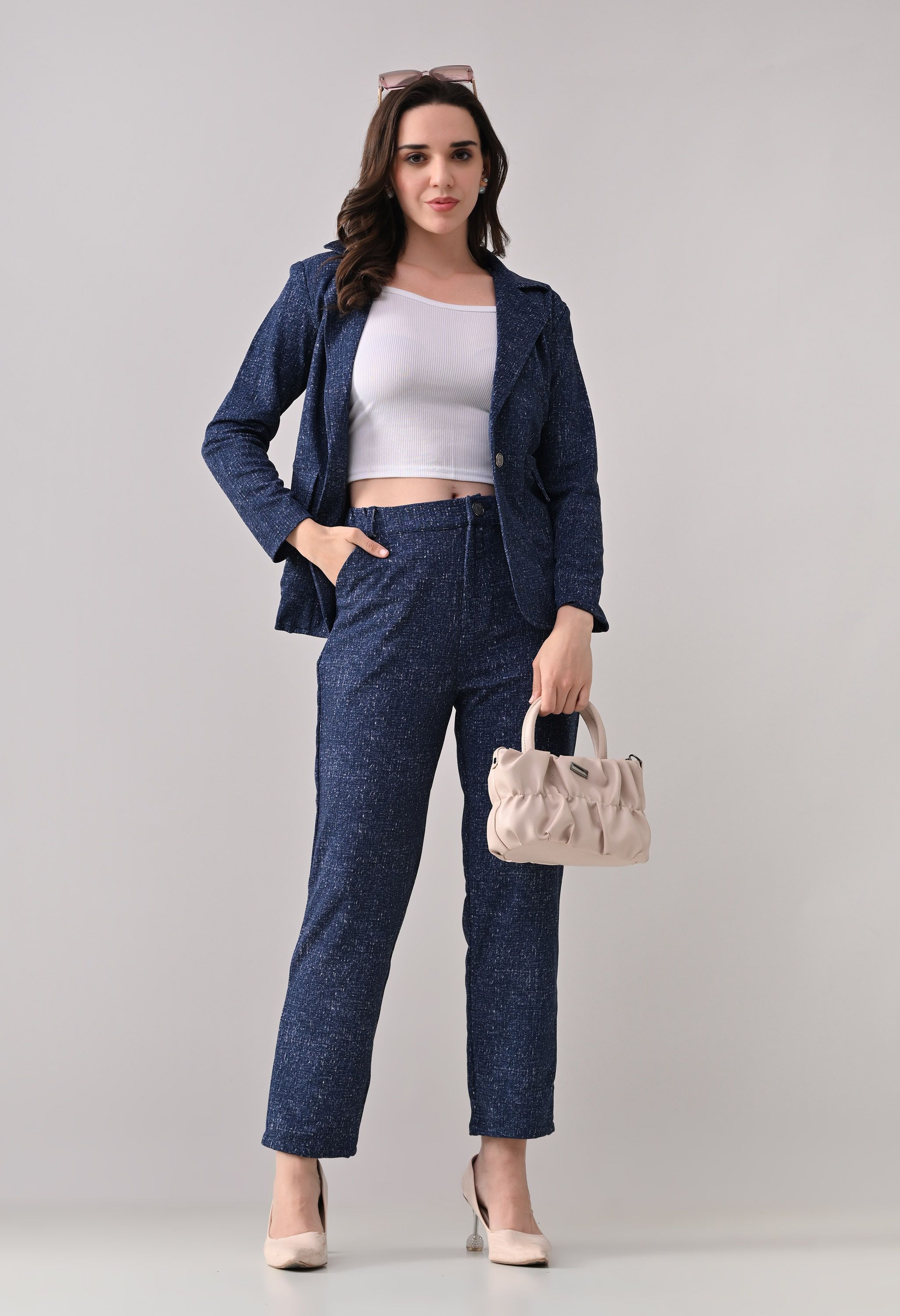 jangid fashion Women Denim Blue 3 Piece Coat Pant Set | Formal Suit for Office Wear Business Attire Printed Suit-picture-25