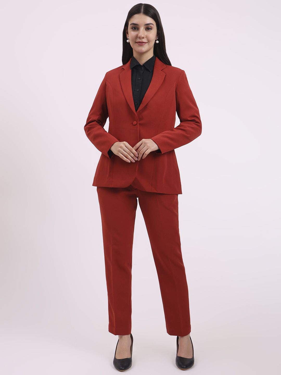 Women Formal Women Pantsuit, Single Button Blazer with Straight Pants Solid Suit