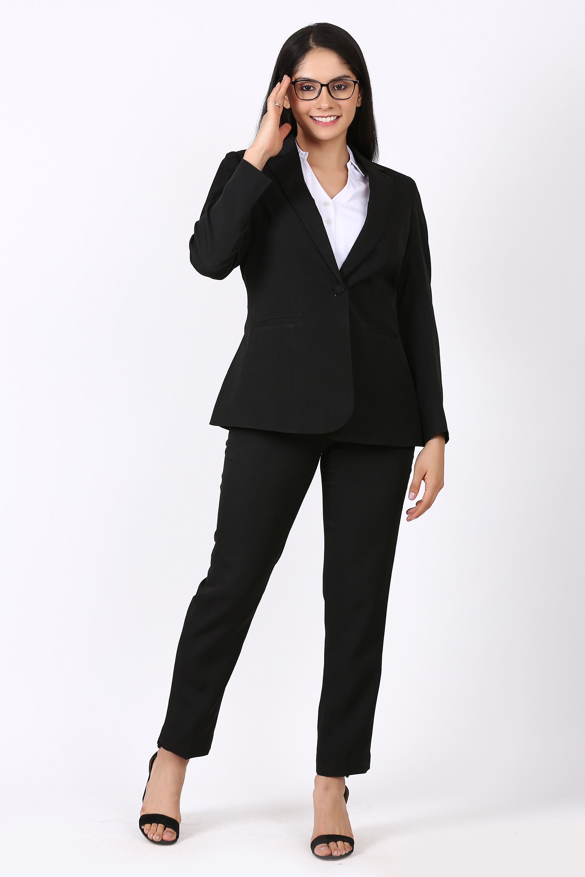 edenryd Women Formal Pant suit, Single Button Blazer with Straight Pants Black Solid Suit-picture-28
