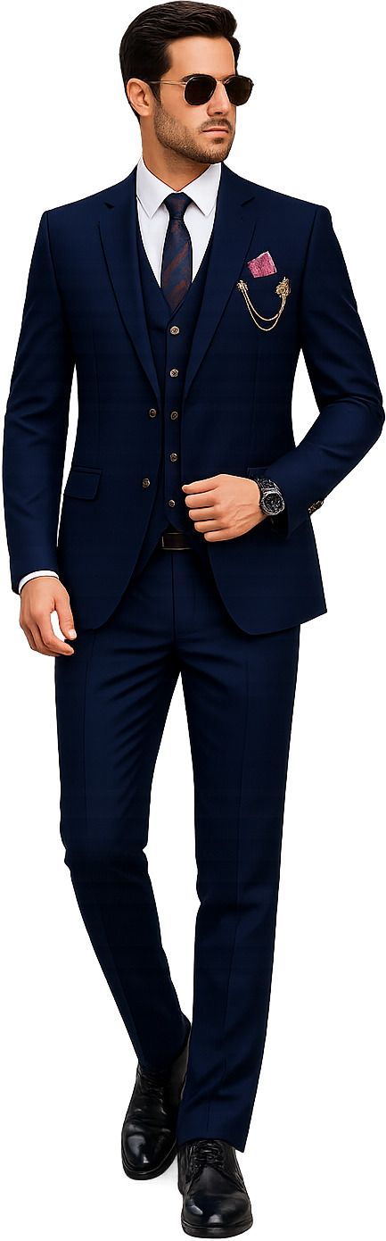 clothify Men Navy Blue Coat Pant Suit Set with Waistcoat | Slim Fit Solid Suit-picture-28