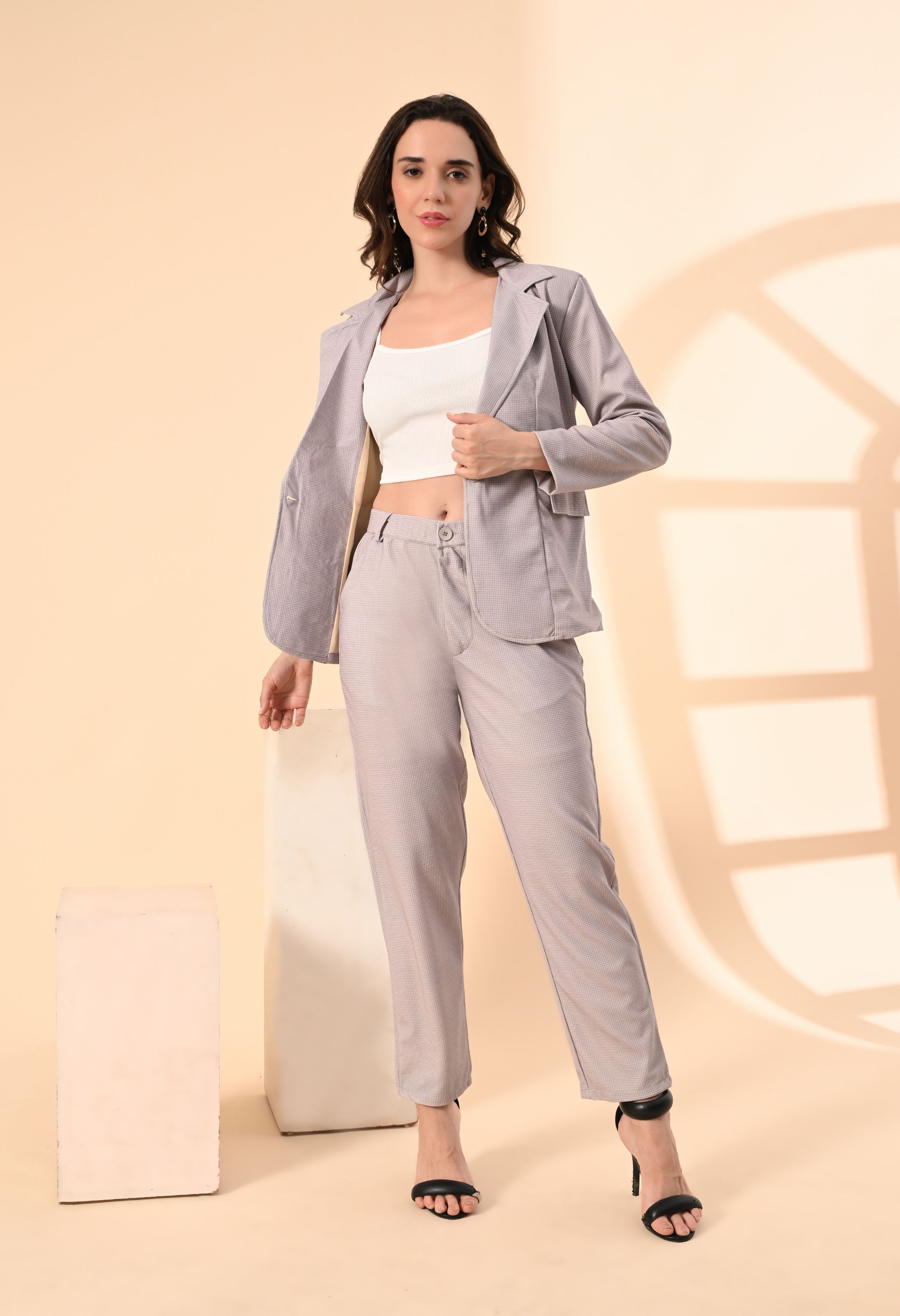 Women 3-Piece Cotton Blend Blazer Suit Set – Formal Wear, Office Outfit, Business Look Solid Suit