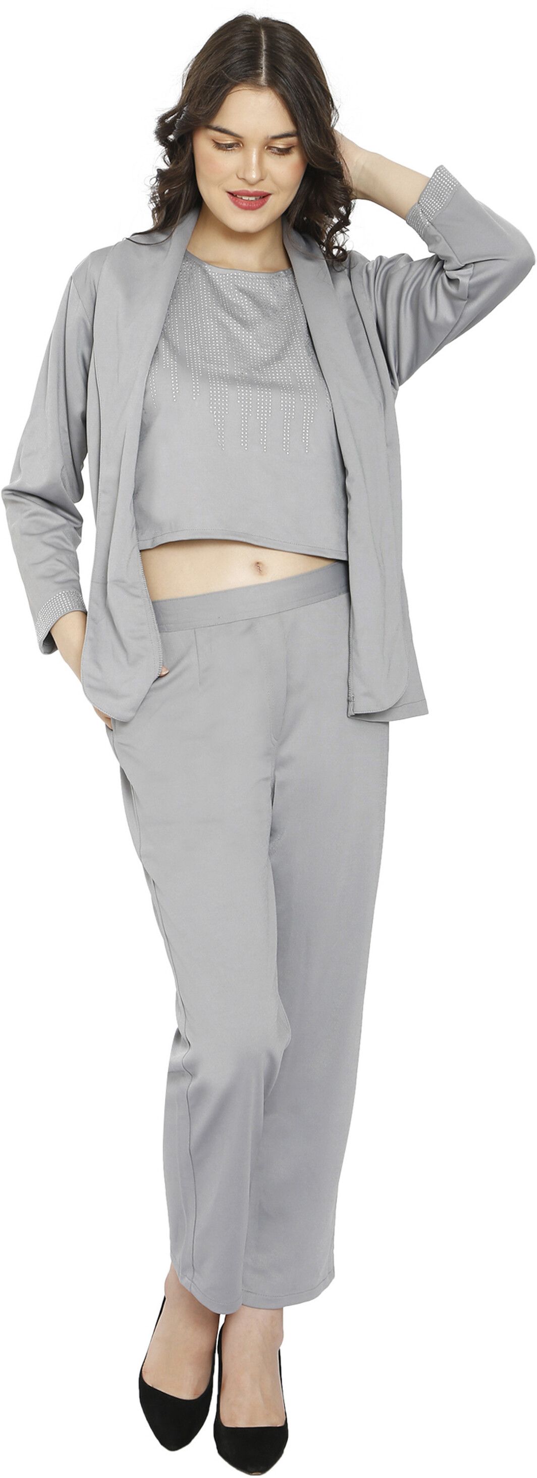 hautemoda Women 3Pc Co-Ord Set |Top, Pants And Blazer Solid Suit-picture-31