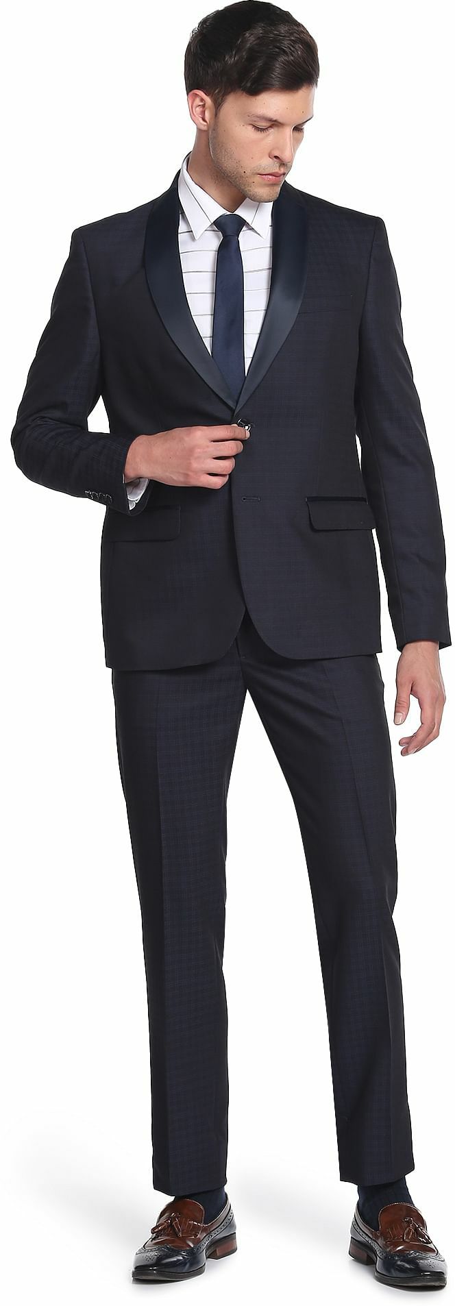 Men Shawl Collar Outline Check Two Piece Suit Checkered Suit-image-44