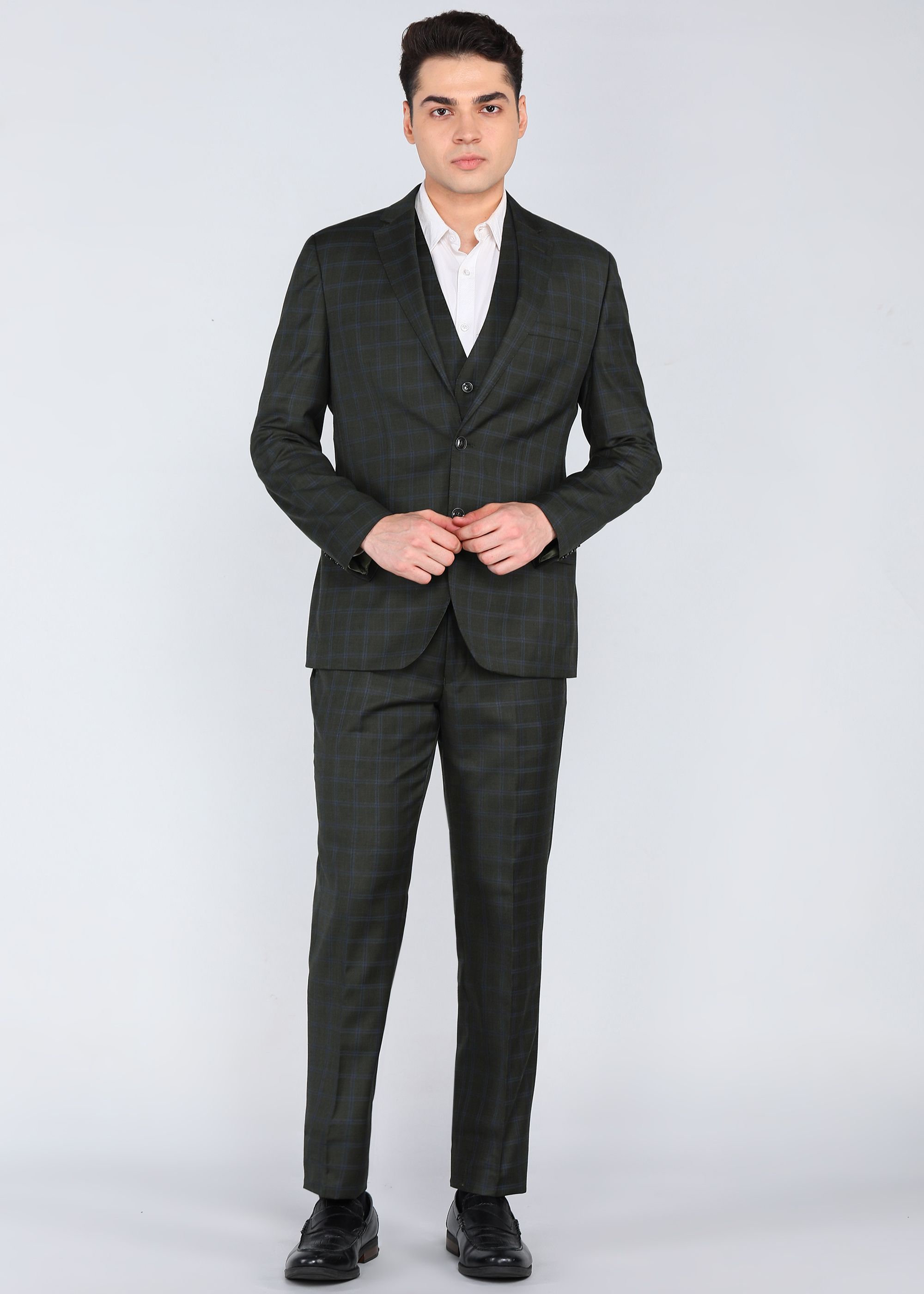 park avenue Men Single Breast 2 Btn 3Pc Suit-S.Slim Fit Checkered Suit-picture-28